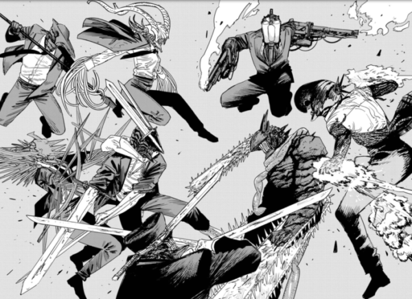 Chainsaw Man fighting with four horsemen and weapon devils